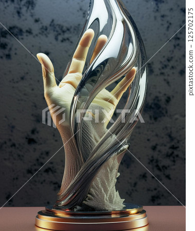 A realistic hand encased in abstract, glossy shapes resembling glass or metal. The composition reflects a modern, futuristic art style with a surreal and elegant touch. 125702175