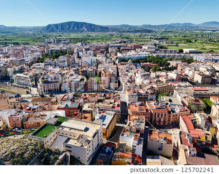 Aerial shot, drone point of view of ancient spanish city of Orihuela 125702241