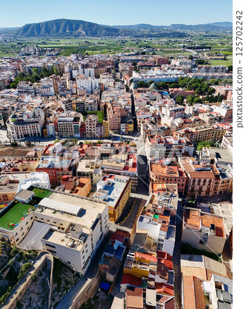 Aerial shot, drone point of view of ancient spanish city of Orihuela 125702242