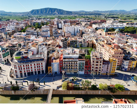Aerial shot, drone point of view of ancient spanish city of Orihuela  125702331