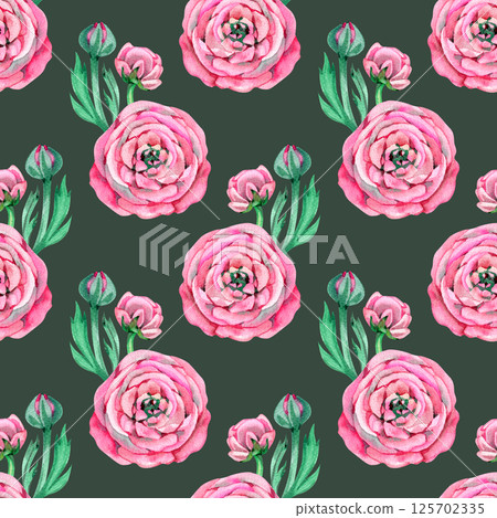 Ranunculus Seamless Pattern. Watercolor illustration. Green Background ranunculus digital paper spring greenery 125702335