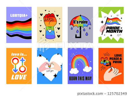 Colorful set of gender posters in retro cartoon. Groovy template & designs with flat vector illustration. LGBTQI pride month celebration, tolerance, June, orientation, gender, rainbow, equality, gay. 125702349