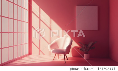 Modern interior with soft pink walls, armchair, sunlight through large window, and houseplant in a pot. Minimalist home decor with warm daylight and shadow play AI generated 125702351