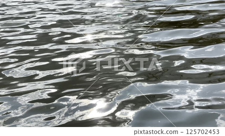 Scenery surface of pond illuminated by sun at summertime. Calm view on sea with small waves at sunny day. Beautiful summer nature landscape. Concept of tranquility scene. Slow motion 125702453