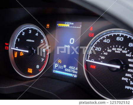 Close up view of a car dashboard displaying warning lights, zero speed, and other information 125702532