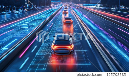 Self-driving cars racing through a futuristic city 125702585
