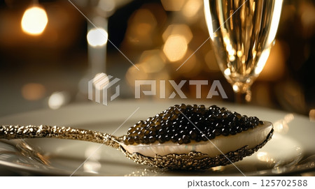 用金匙盛裝的黑魚子醬 125702588