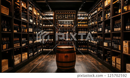 豪華酒窖裡的木桶和瓶架 125702592