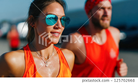 Fit couple in matching orange athletic gear jogging outdoors under clear blue skies during a sunny marathon 125702668