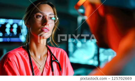 Female doctor in red scrubs attentively listening during a consultation in a dimly-lit modern hospital room 125702669