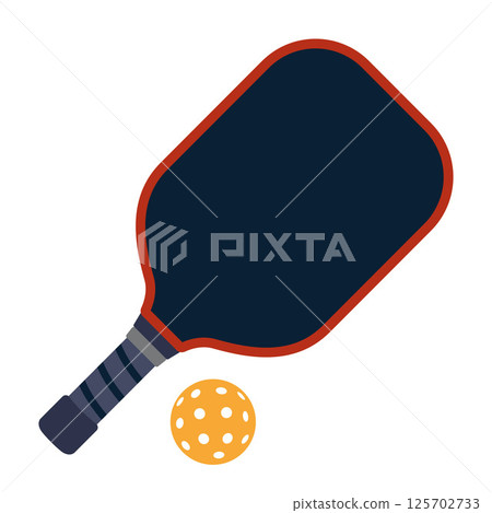 Pickleball paddle and ball. Simple sports equipment design for modern racket games and active lifestyle themes. Modern vector illustration isolated on white background, hand drawn, flat design 125702733