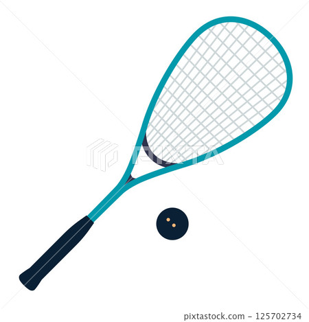 Squash racket and ball. Simple sports equipment design for racket games and athletic club themes. Modern vector illustration isolated on white background, hand drawn, flat design 125702734