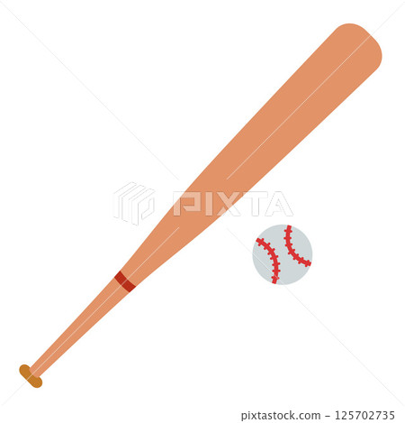 Baseball bat and ball. Simple sports equipment design for team games and athletic themes. Modern vector illustration isolated on white background, hand drawn, flat design 125702735