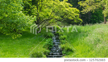 Waterfall in the summer park. Nature background. Falls with clean water in sunny day and much green trees around. Waterfall in the summer park. Nature background. Falls with clean water in sunny day and much green trees around. 125702883