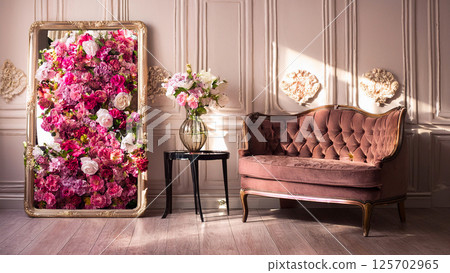 室內花朵覆蓋的鏡子插圖 125702965