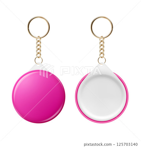 Vector 3d Realistic Round Keychain, Design Template for Printing, Mockup. Round Blank Keychain Design Element for Promo, Souvenir, Prints or Logos. ID Badge Vector Illustration, Front, Back Side View Vector 3d Realistic Round Keychain, Design Template for Printing, Mockup. Round Blank Keychain Design Element for Promo, Souvenir, Prints or Logos. ID Badge Vector Illustration, Front, Back Side View 125703140