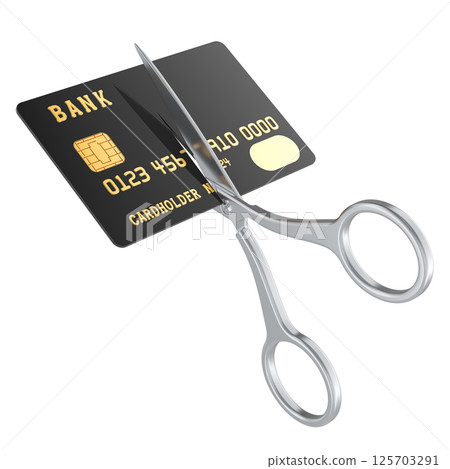 Scissors cutting a credit card, 3D rendering 125703291