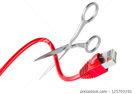 Scissors cutting lan network computer cable, 3D rendering 125703292