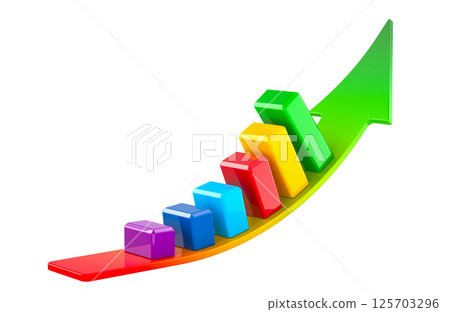 Arrow with colored growing bar chart. 3D rendering 125703296