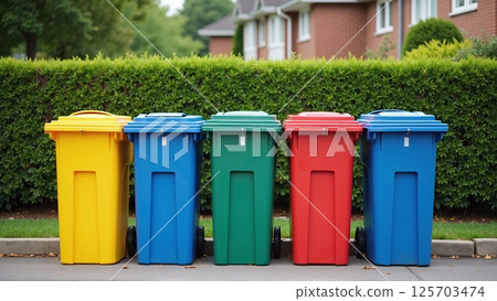 Different colored waste bins standing outside filled with garbage in a urban street - ai generated 125703474