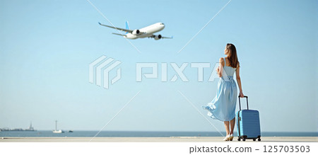 Businesswoman with light luggage standing on the tarmac at the airport waiting for her plane to take off 125703503