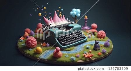 Typewriter of an author stands in an imaginative landscape, inspiration and creativity in writing stories and novels 125703509