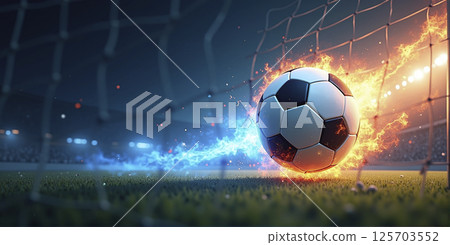 Illustrative representation of a fast and burning soccer ball ,dynamics, tension and energy in the game of soccer Illustrative representation of a fast and burning soccer ball ,dynamics, tension and energy in the game of soccer 125703552