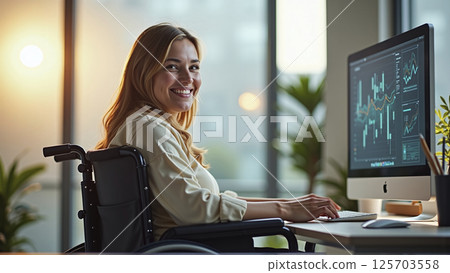 Smiling person in wheelchair working at office desk in corporate business environment, inclusion - ai generated 125703558