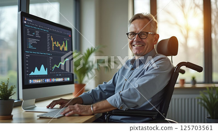 Smiling person in wheelchair working at office desk in corporate business environment, inclusion - ai generated 125703561