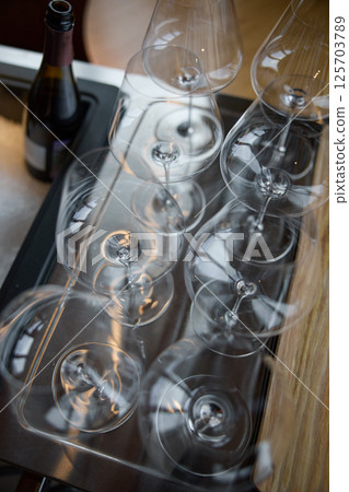 Clean wine glasses are on the table of a special wine cabinet, stylish table setting, ice, bottle of sparkling wine, light from window, decoder and degasser 125703789