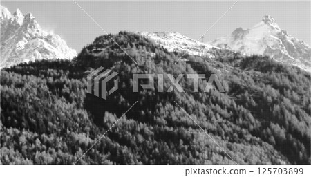 Abstract black forest and mountain dotted halftone vector background. Monochrome landscape in geometric half tone circles textured illustration for nature banner, Alps texture surface design Abstract black forest and mountain dotted halftone vector background. Monochrome landscape in geometric half tone circles textured illustration for nature banner, Alps texture surface design 125703899