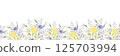 Wildflowers bellflower, dandelion, yarrow and meadow grasses. Hand drawn isolated watercolor seamless border of yellow lilac field flower. Horizontal banner with copy space for textile, packing tape 125703994