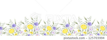 Wildflowers bellflower, dandelion, yarrow and meadow grasses. Hand drawn isolated watercolor seamless border of yellow lilac field flower. Horizontal banner with copy space for textile, packing tape Wildflowers bellflower, dandelion, yarrow and meadow grasses. Hand drawn isolated watercolor seamless border of yellow lilac field flower. Horizontal banner with copy space for textile, packing tape 125703994