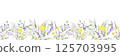 Wildflowers bellflower, dandelion, yarrow, mouse pea and meadow grasses. Hand drawn isolated watercolor seamless border of yellow lilac field flower Horizontal banner with copy space for fabric print 125703995