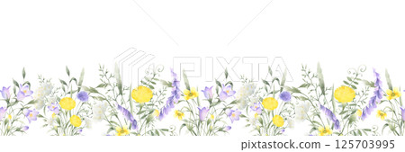 Wildflowers bellflower, dandelion, yarrow, mouse pea and meadow grasses. Hand drawn isolated watercolor seamless border of yellow lilac field flower Horizontal banner with copy space for fabric print 125703995