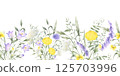 Wildflowers bellflower, dandelion, yarrow, mouse pea and meadow grasses. Hand drawn isolated watercolor seamless border of yellow lilac field flower Horizontal banner with copy space for packing tape 125703996