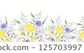 Wildflowers bellflower, dandelion, yarrow and meadow grasses. Hand drawn isolated watercolor seamless border of yellow lilac field flower. Horizontal banner with copy space for fabric, packing tape 125703997