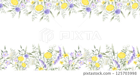 Wildflowers bellflower, dandelion, yarrow, mouse pea and meadow grasses. Hand drawn isolated watercolor rectangular frame of yellow lilac field flowers with copy space for invitations, certificates Wildflowers bellflower, dandelion, yarrow, mouse pea and meadow grasses. Hand drawn isolated watercolor rectangular frame of yellow lilac field flowers with copy space for invitations, certificates 125703998