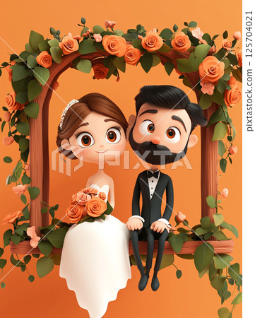 3D cartoon style happy wedding couple sitting on an arch, roses and greenery decoration. Isolated on orange background.   125704021
