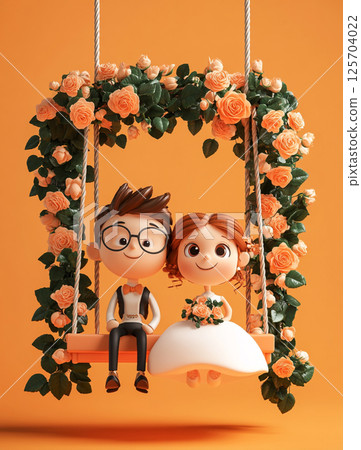 3D cartoon style happy wedding couple sitting on an arch, roses and greenery decoration. Isolated on orange background.   125704022