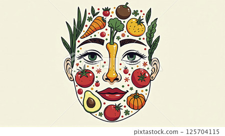 Illustrative depiction of different fruits and vegetables make a face, healthy balanced diet for body health 125704115