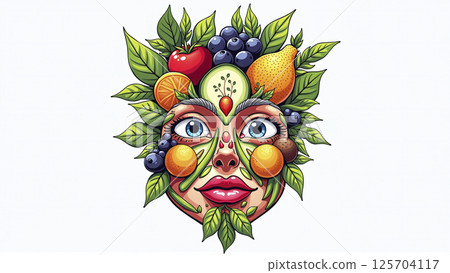 Illustrative depiction of different fruits and vegetables make a face, healthy balanced diet for body health 125704117