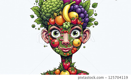 Illustrative depiction of different fruits and vegetables make a face, healthy balanced diet for body health 125704119