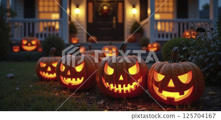 House decorated with spooky Halloween decorations, pumpkin faces and bats, 125704167
