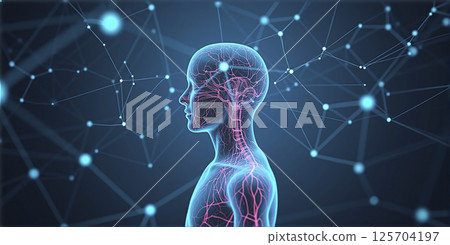 Graphic conceptual illustration of the nervous system in the human body, external environmental influences, sensory perception 125704197