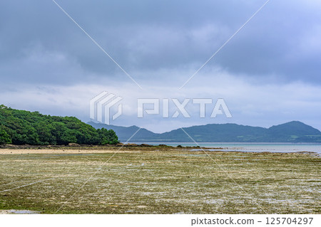 Rainy season: Ishigaki Island coastline with low tide and cloudy skies 125704297