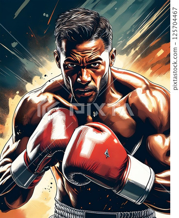 A boxer with burning fighting spirit 125704467