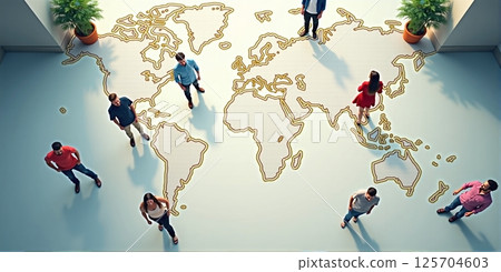 Different people walk across a world map, worldwide migration and flight due to economic reasons, crises, wars and environmental influences 125704603