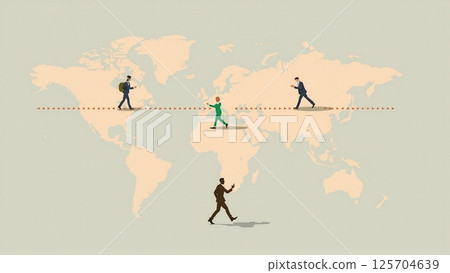 Different people walk across a world map, worldwide migration and flight due to economic reasons, crises, wars and environmental influences 125704639