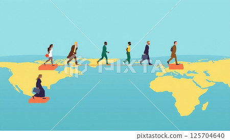 Different people walk across a world map, worldwide migration and flight due to economic reasons, crises, wars and environmental influences 125704640
